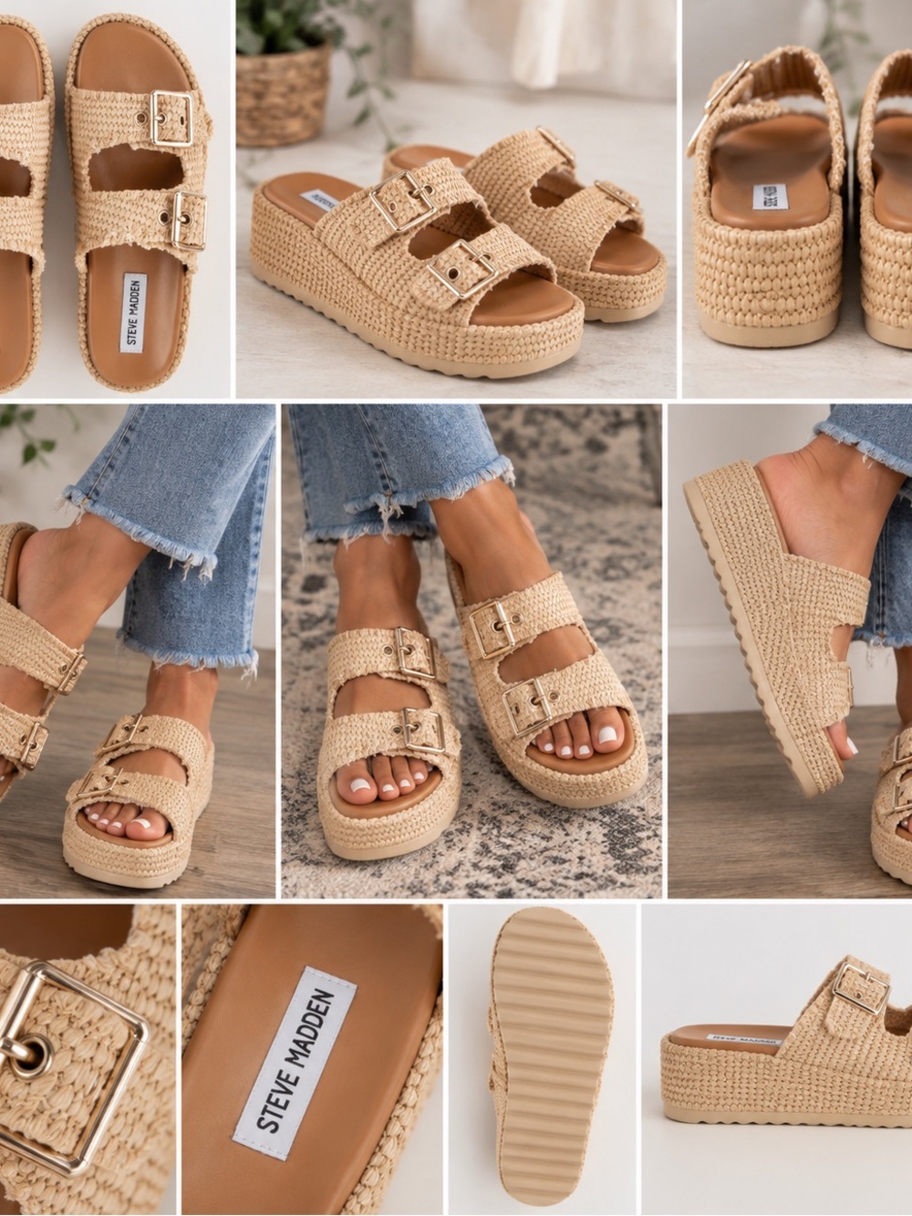 Steve Madden women’s Beige Woven Double-Buckle Slide Sandals